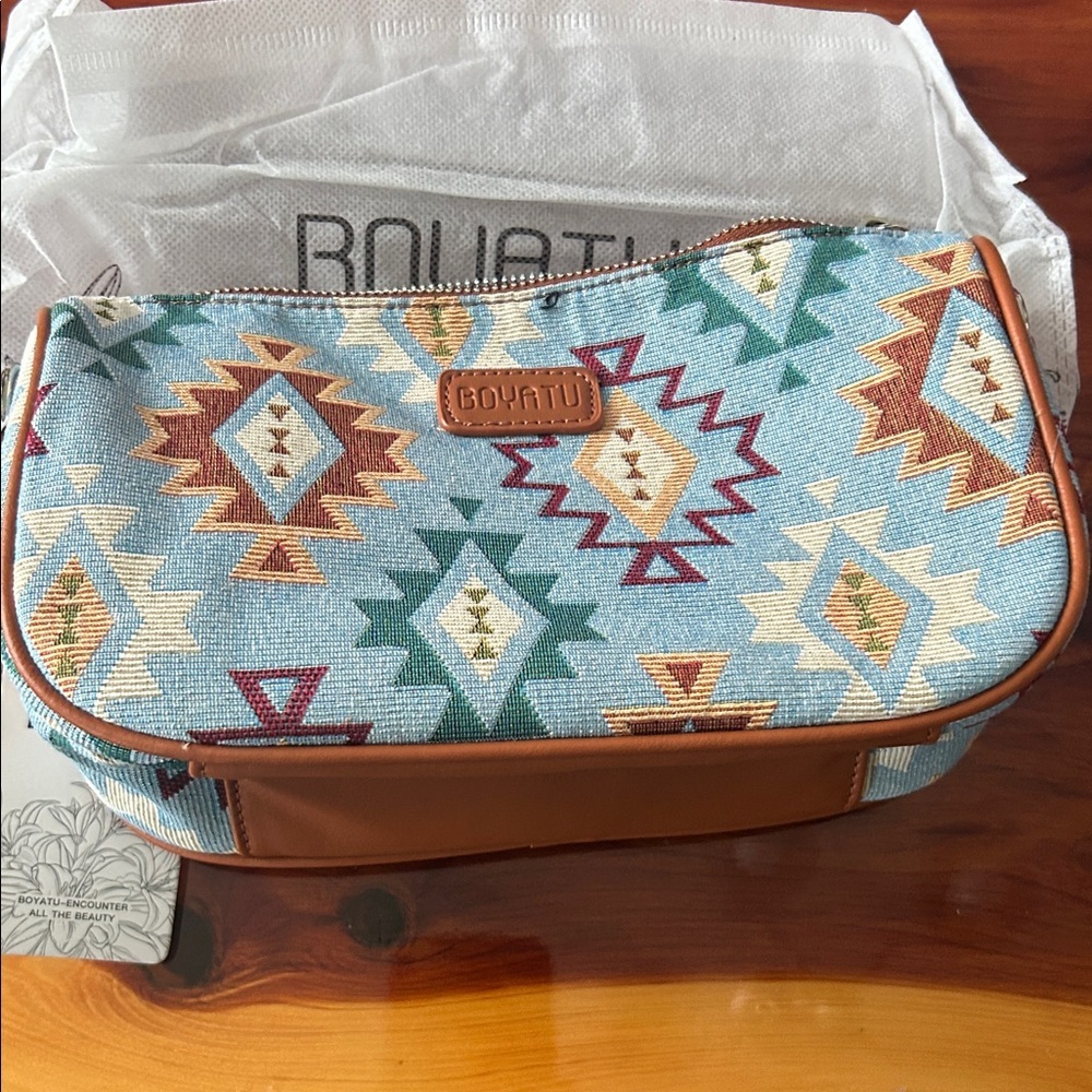 Blue and Brown Geometric Crossbody Bag